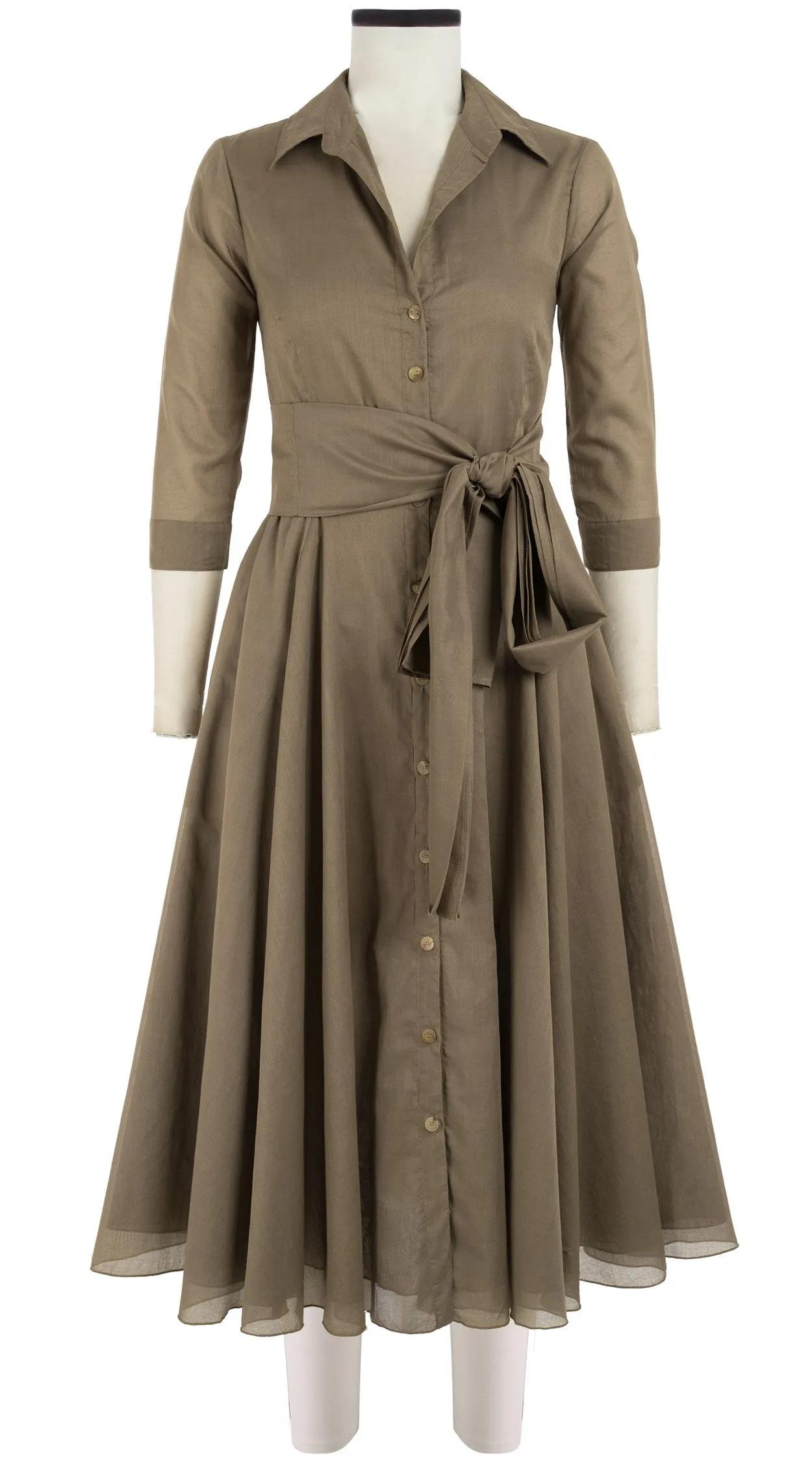 Aster Dress Shirt Collar 3/4 Sleeve Midi Length Cotton Musola_Solid_Khaki