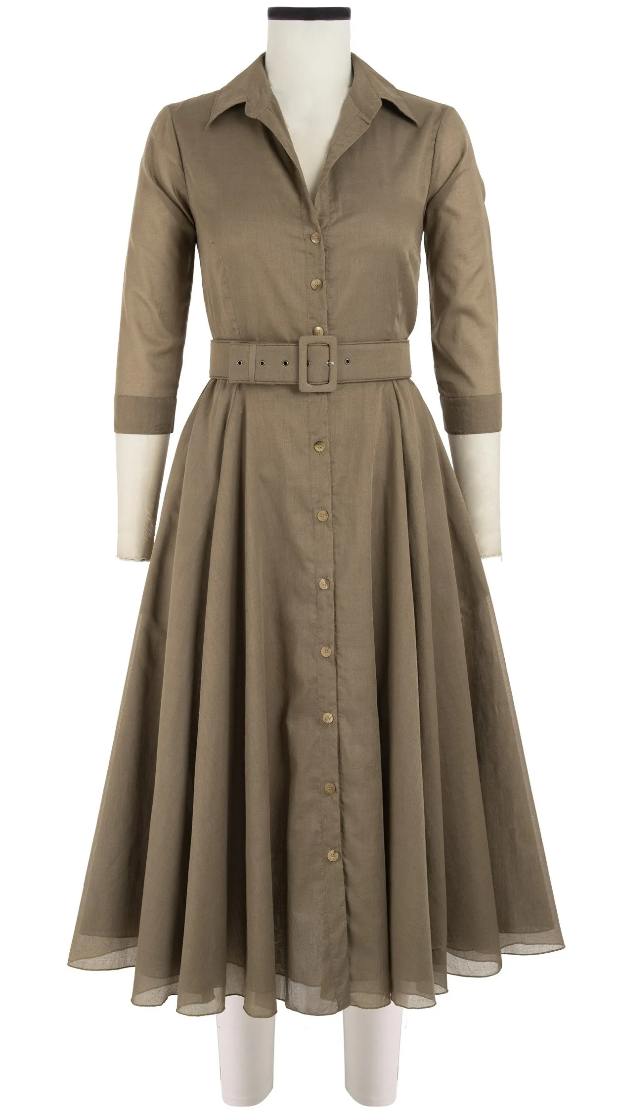 Aster Dress Shirt Collar 3/4 Sleeve Midi Length Cotton Musola_Solid_Khaki