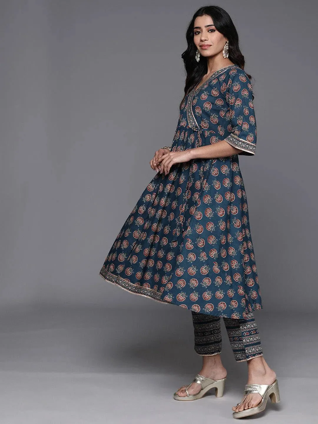 Blue Printed Cotton Anarkali Suit With Dupatta