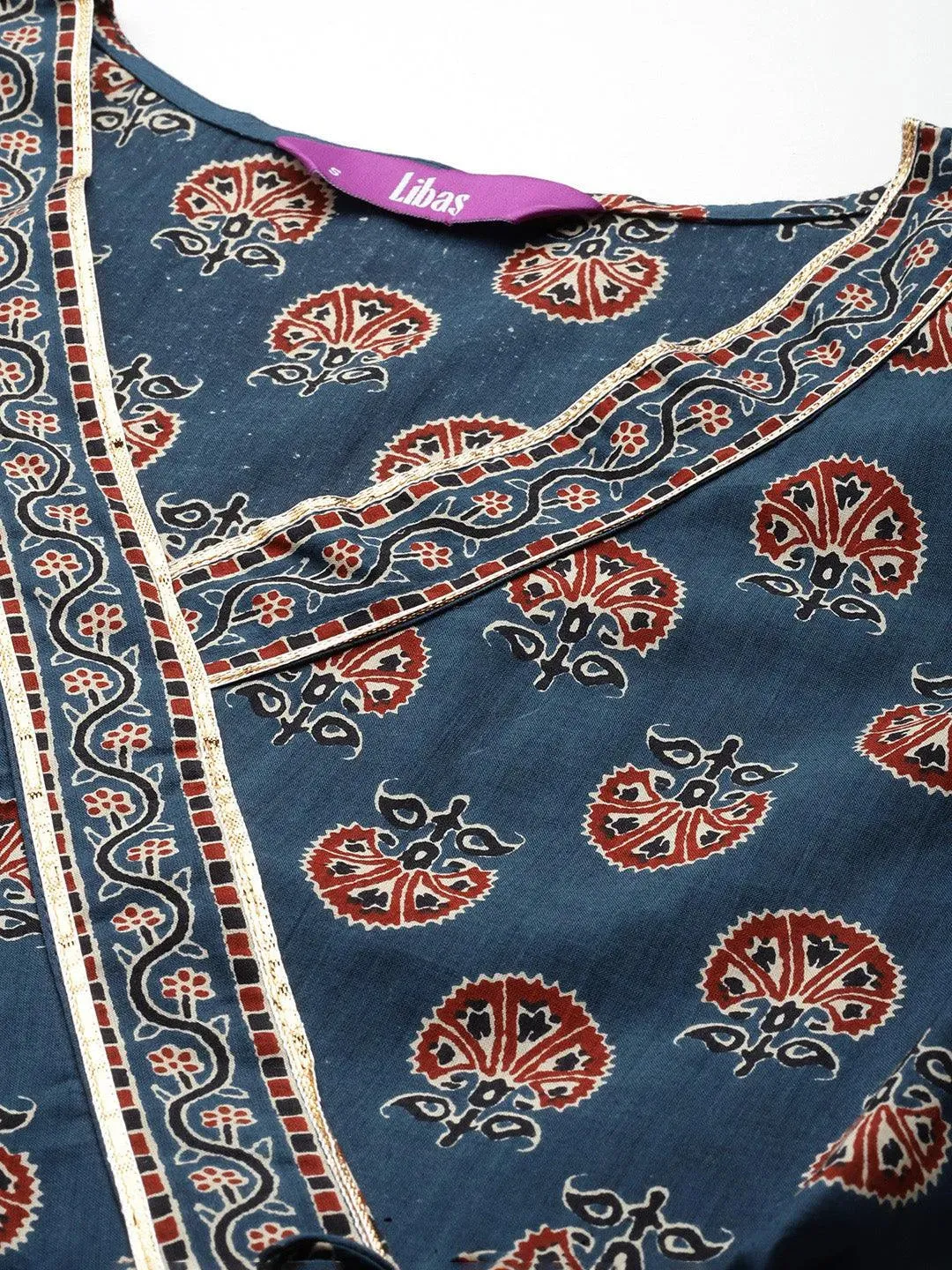 Blue Printed Cotton Anarkali Suit With Dupatta
