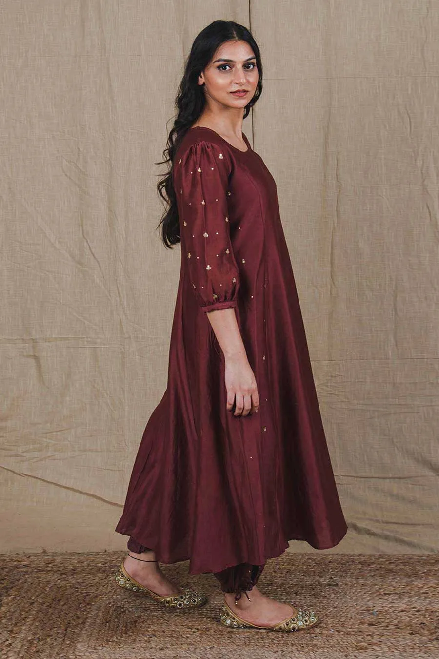 Brown Chanderi Hand Embroidered Kurta