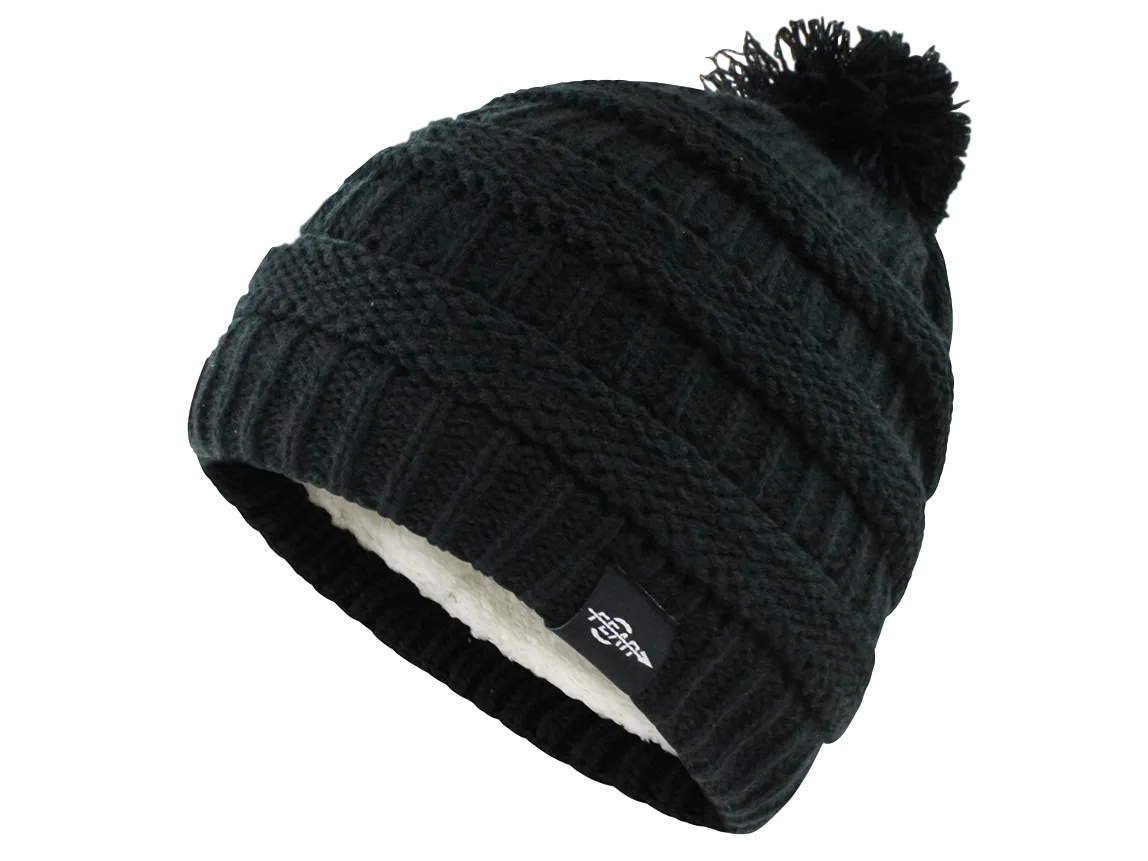 Fear0 Plush Insulated Extreme Cold Gear Black Knit Pom Beanie Hat Womens Girls
