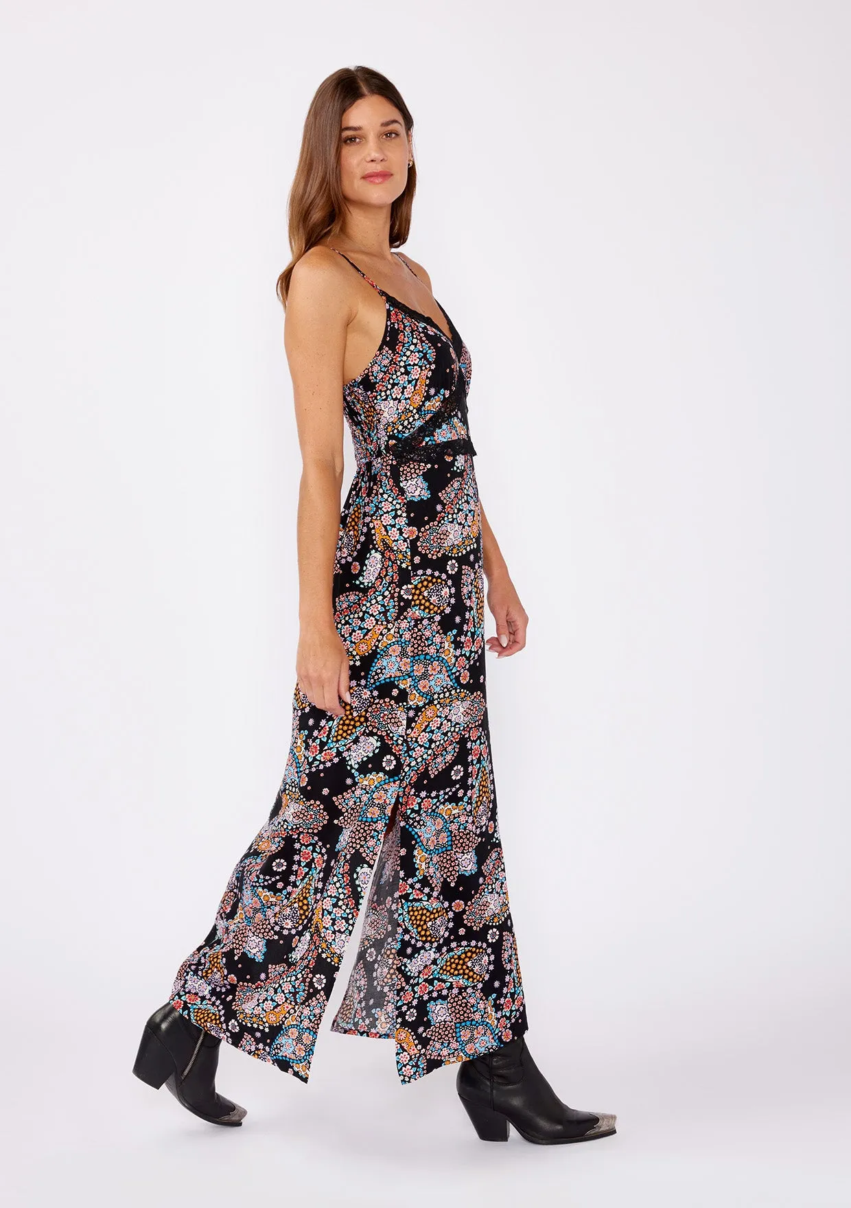 Floral Spaghetti Strap Lace Trim Maxi Dress