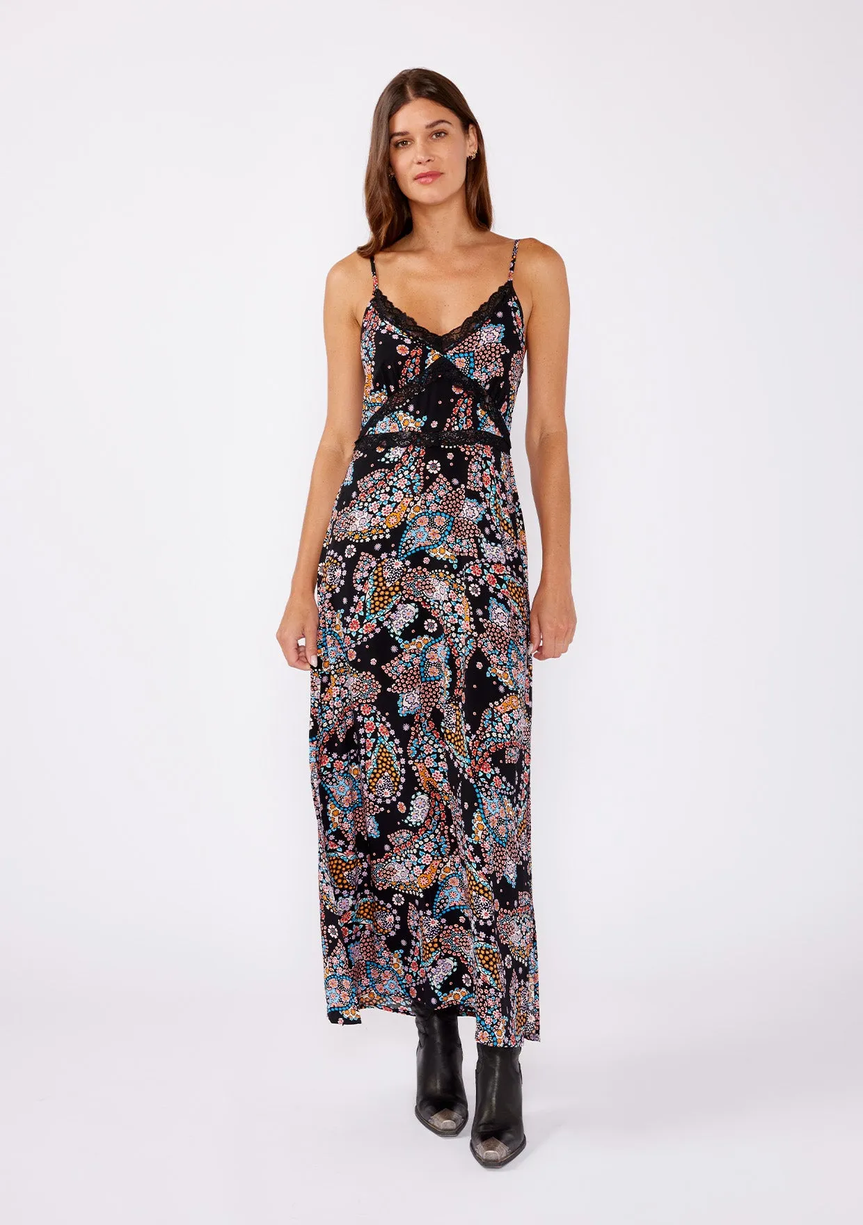 Floral Spaghetti Strap Lace Trim Maxi Dress