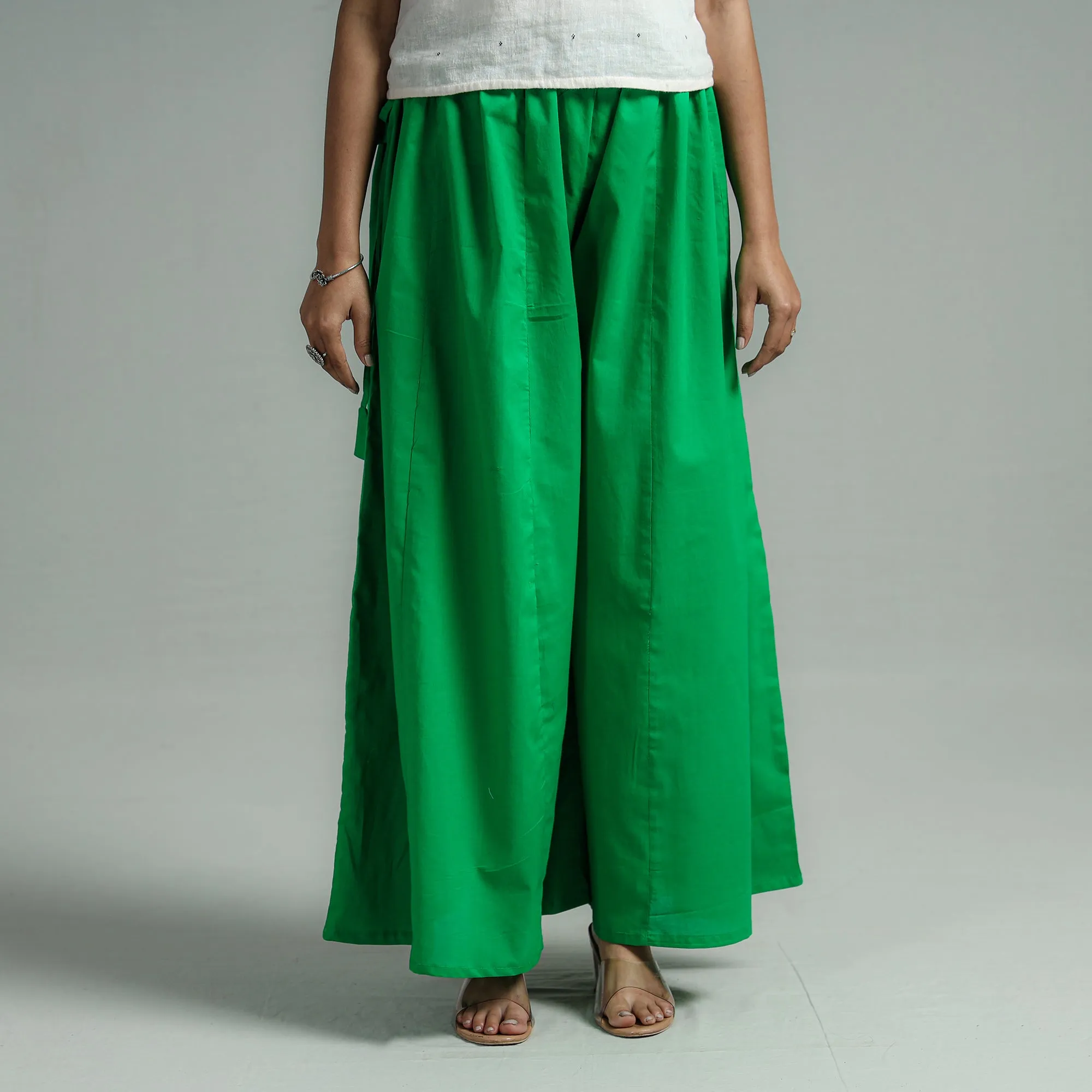 Green - Plain Dyed Cotton Flared Palazzo