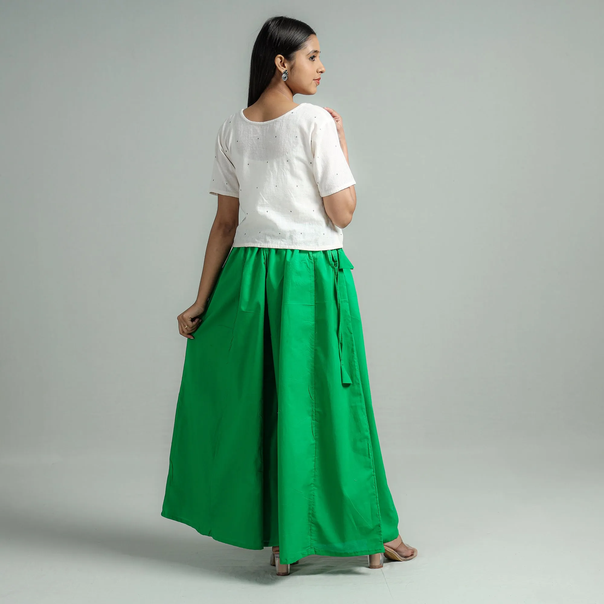 Green - Plain Dyed Cotton Flared Palazzo