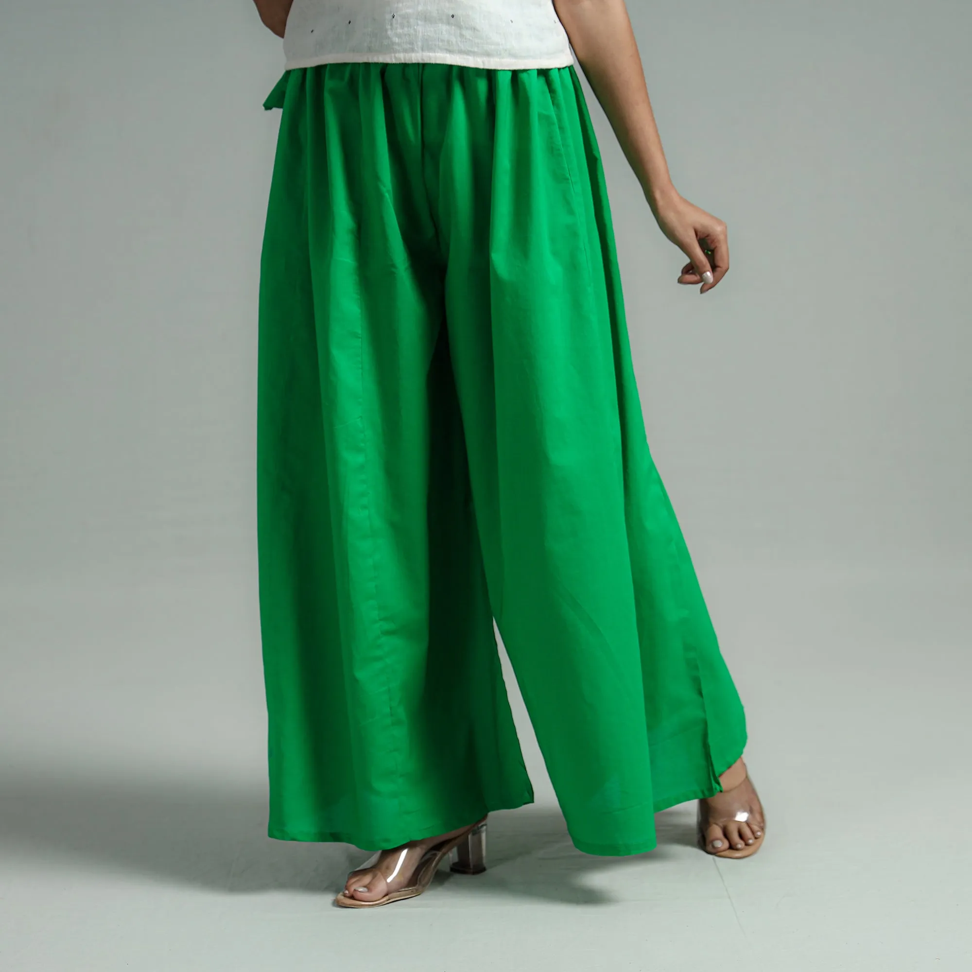Green - Plain Dyed Cotton Flared Palazzo
