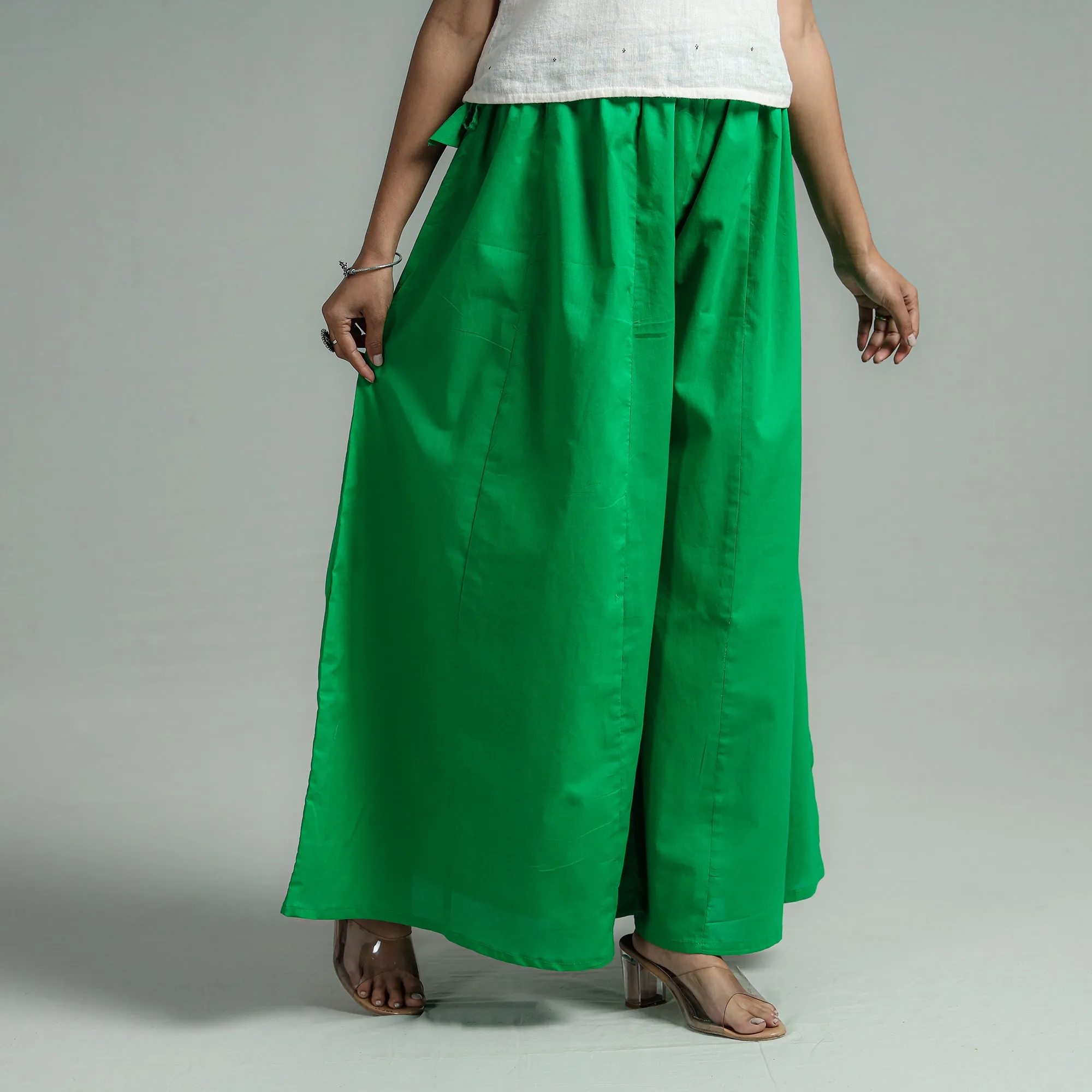 Green - Plain Dyed Cotton Flared Palazzo