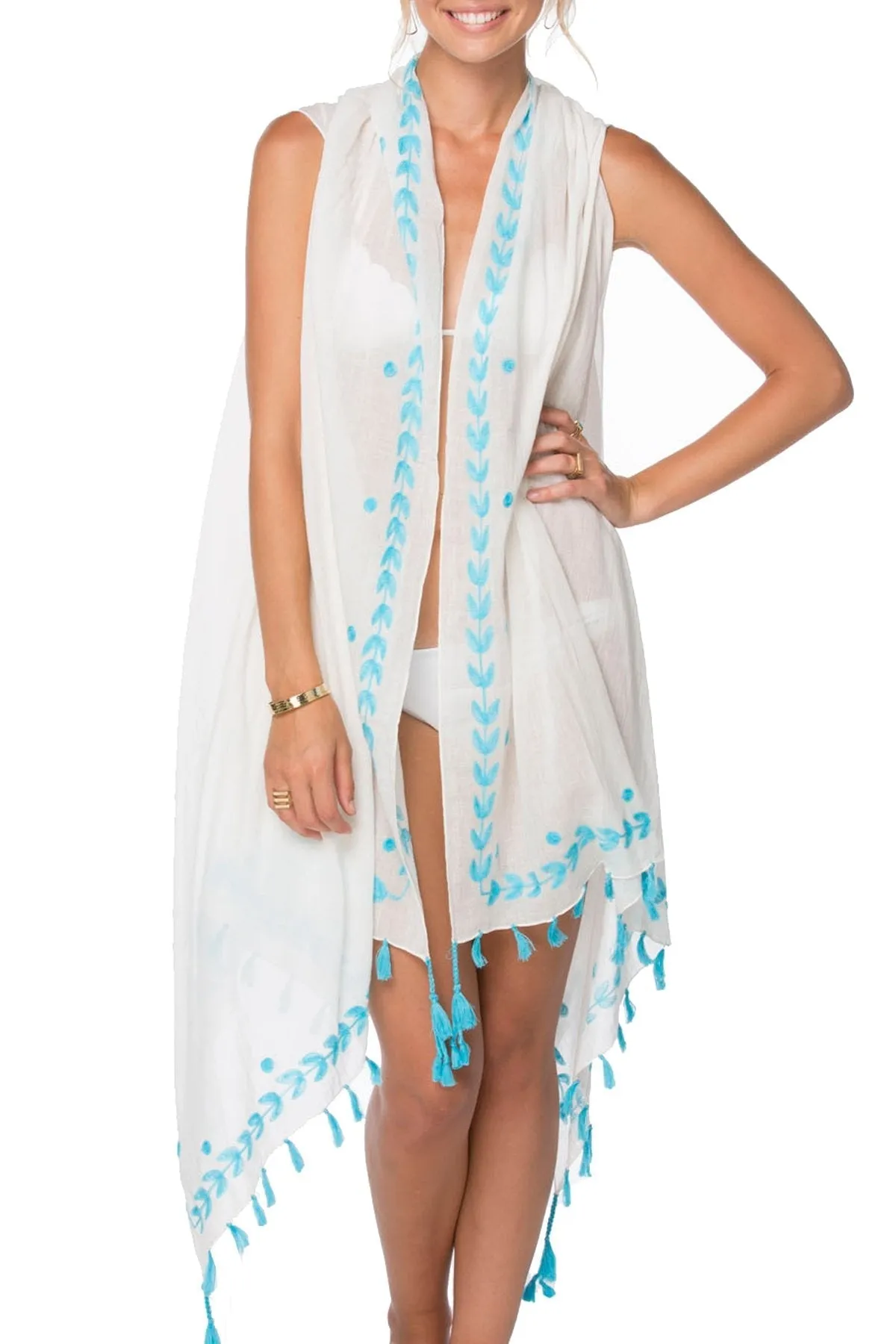 Long Draped Vest in Leaf Dot Embroidery