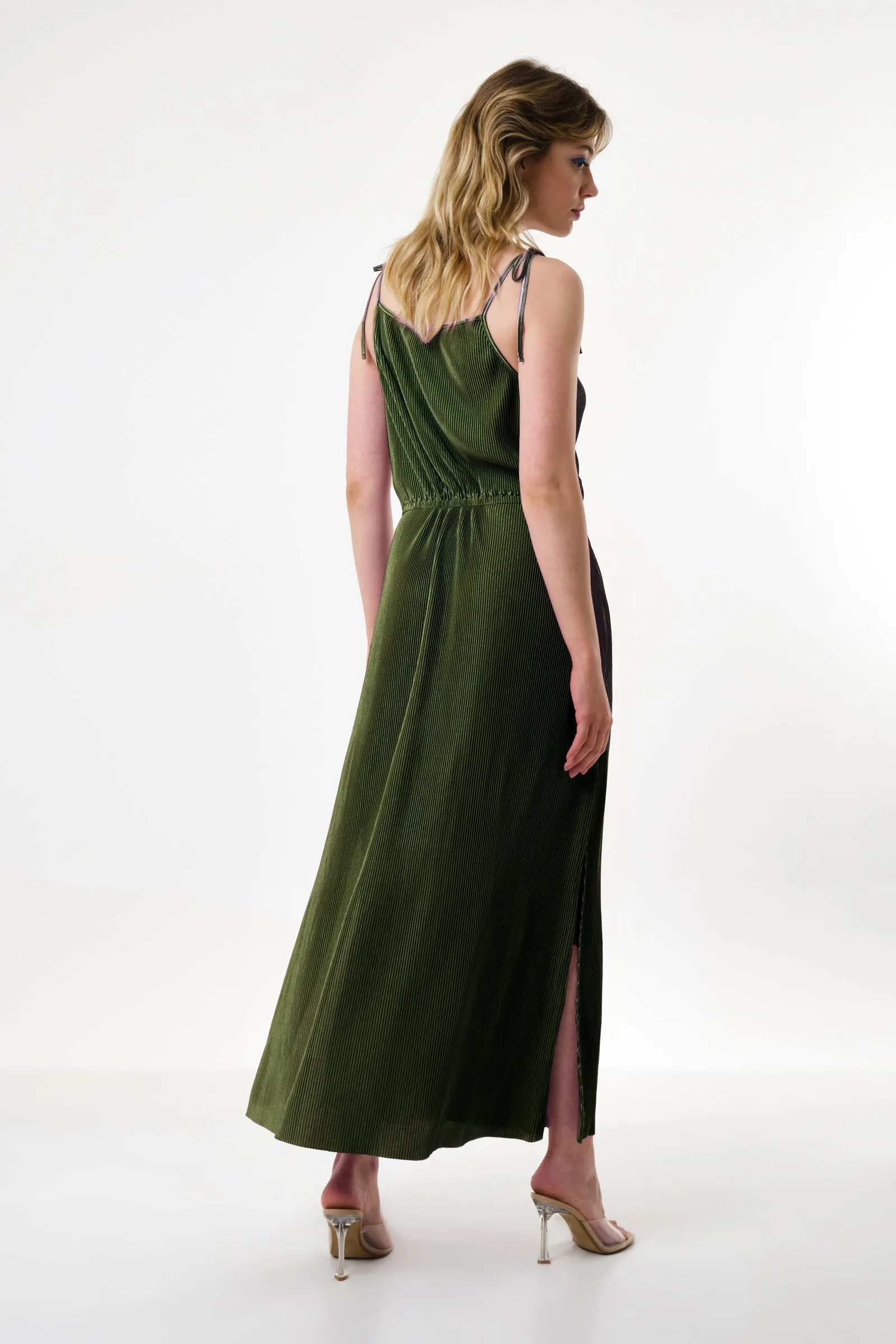 Mayra Pleat Sage Strappy Maxi Dress