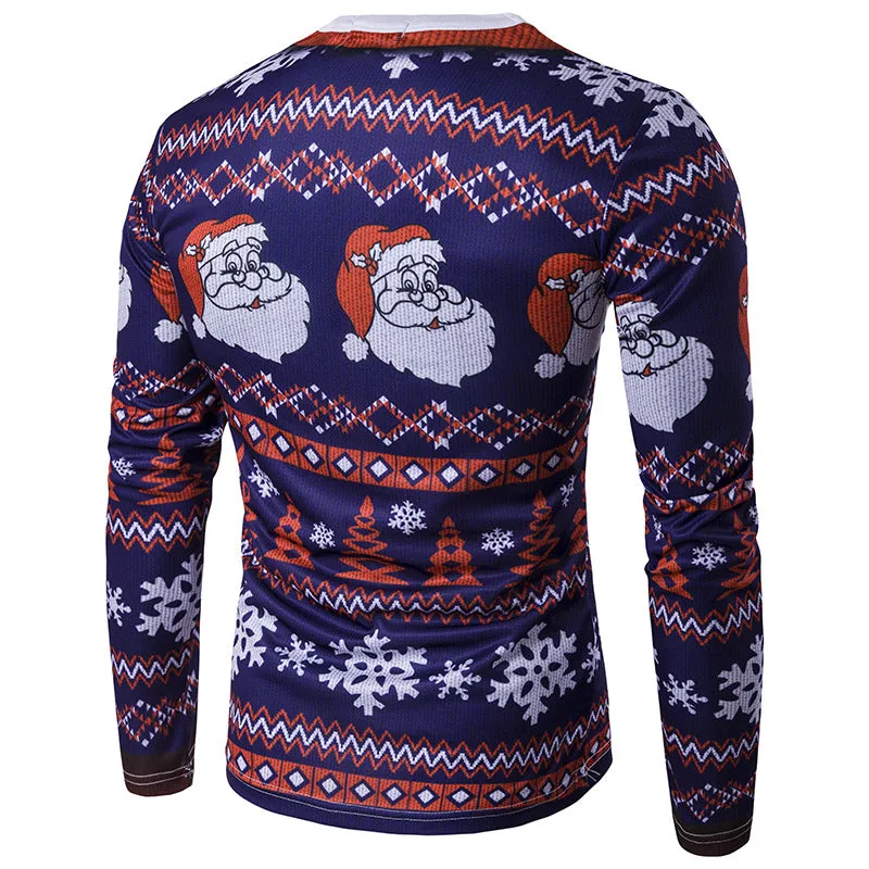 Men's  3D Santa Round Neck Long Sleeve Slim Printed T-shirt