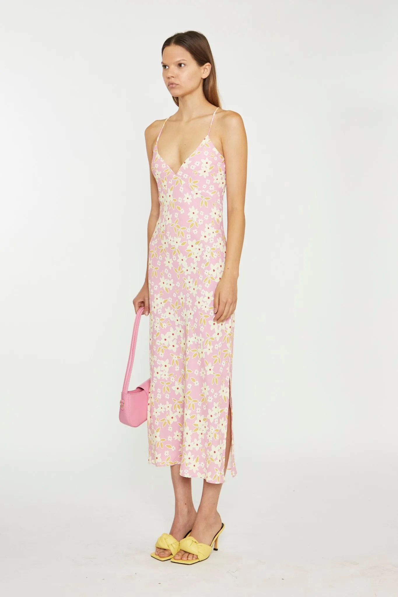 Pink-Olive-Yellow-Flower Midi Slip Dress