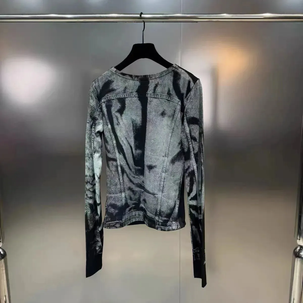 Pre Order:  Long Sleeve Print Distressed Slim Shirt   Skirt Set