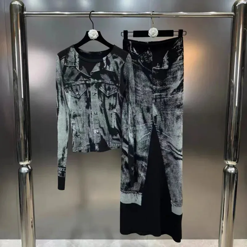 Pre Order:  Long Sleeve Print Distressed Slim Shirt   Skirt Set