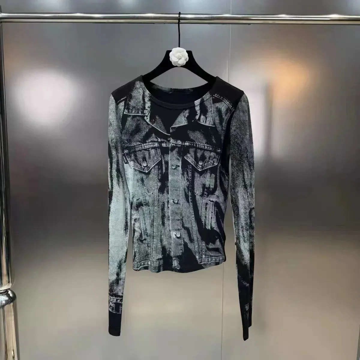 Pre Order:  Long Sleeve Print Distressed Slim Shirt   Skirt Set