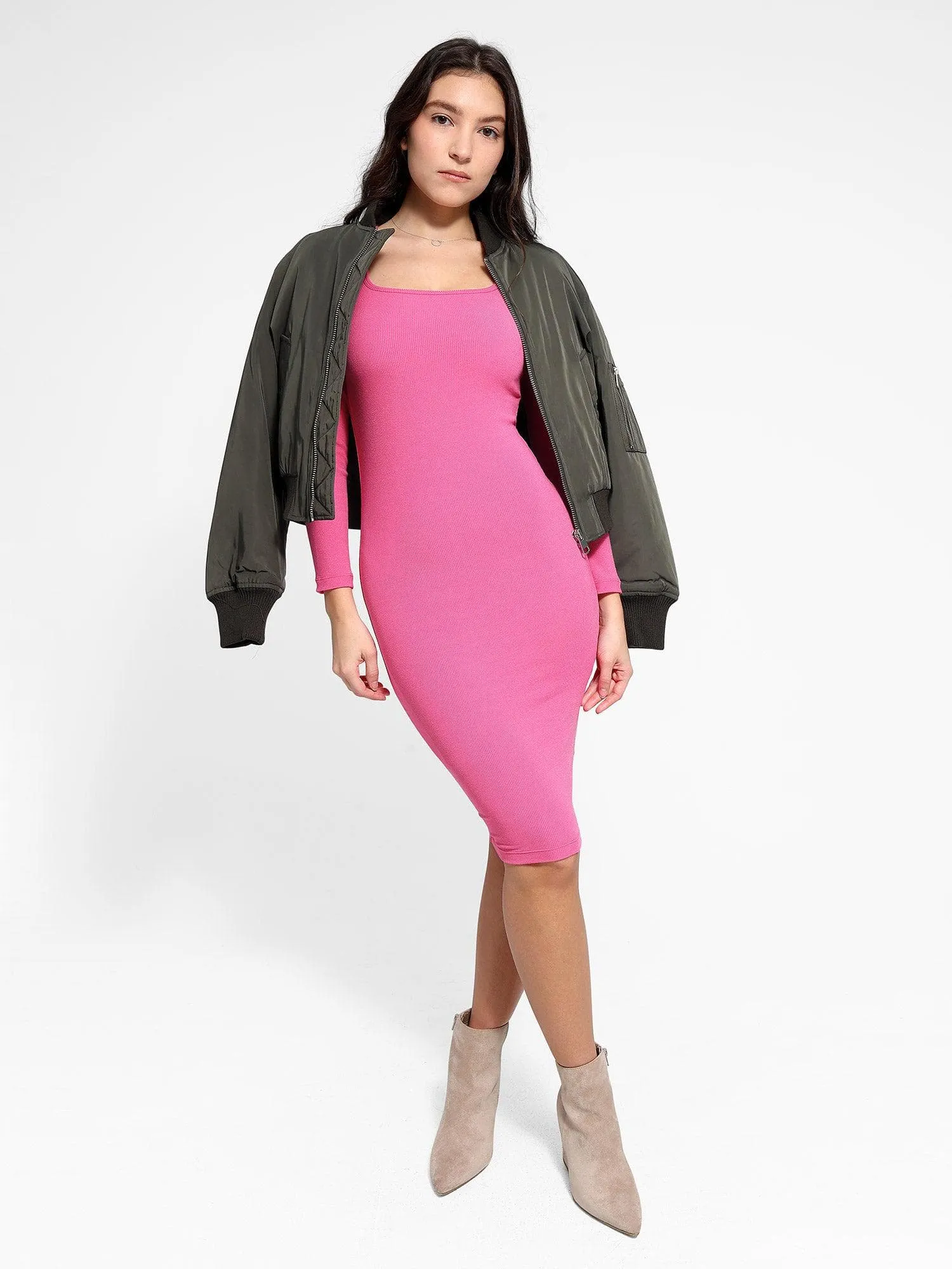 Shapewear Long Sleeve Square Neck Slimming Midi Dress