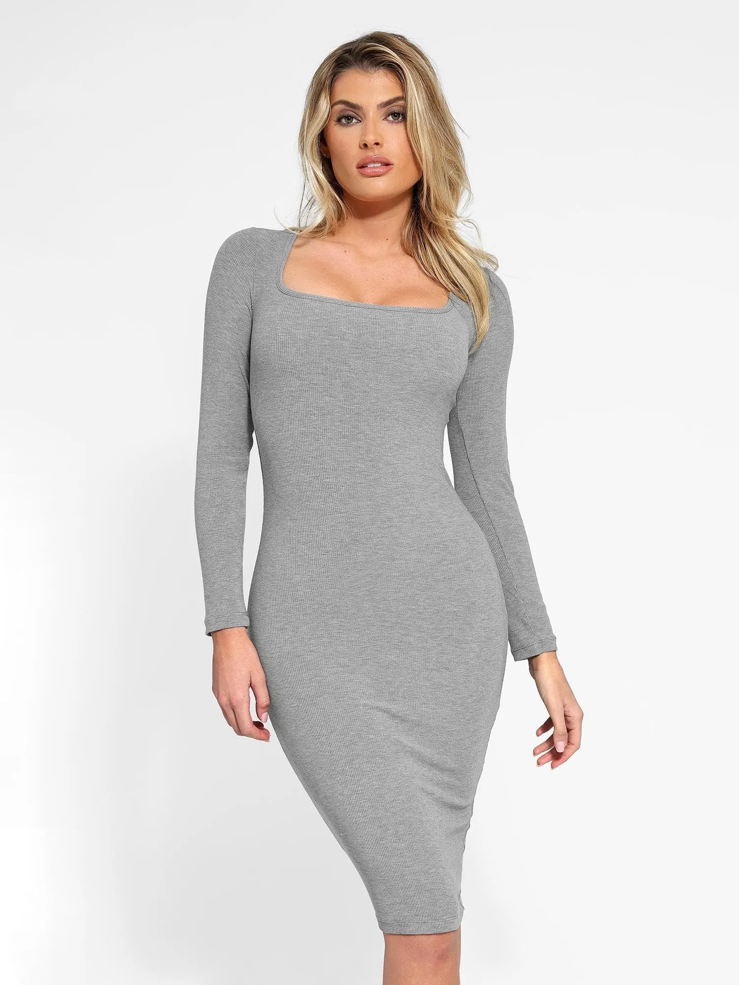 Shapewear Long Sleeve Square Neck Slimming Midi Dress