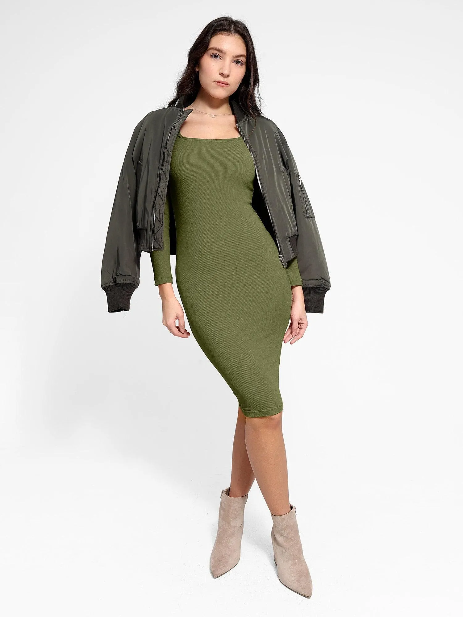 Shapewear Long Sleeve Square Neck Slimming Midi Dress