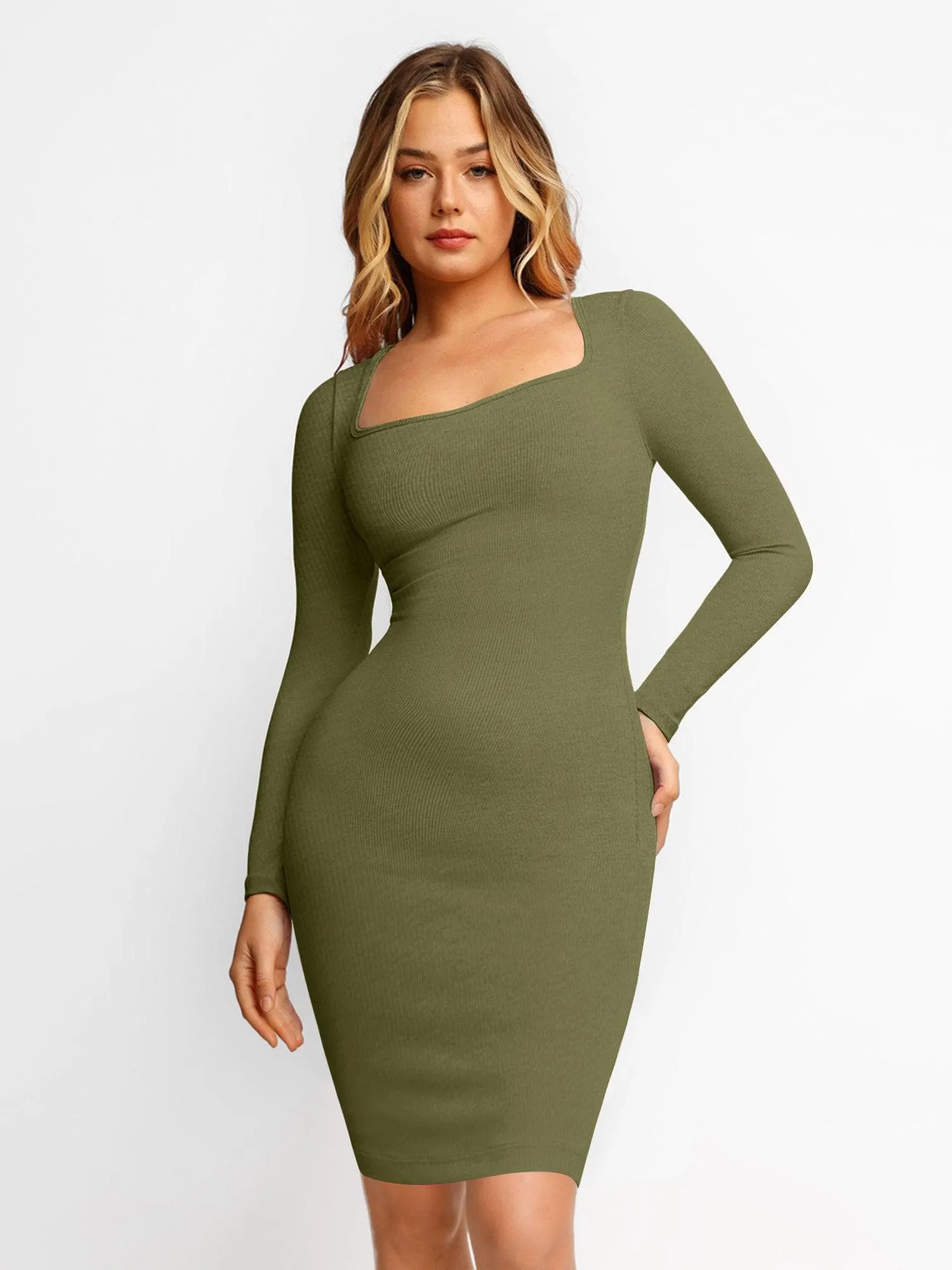 Shapewear Long Sleeve Square Neck Slimming Midi Dress