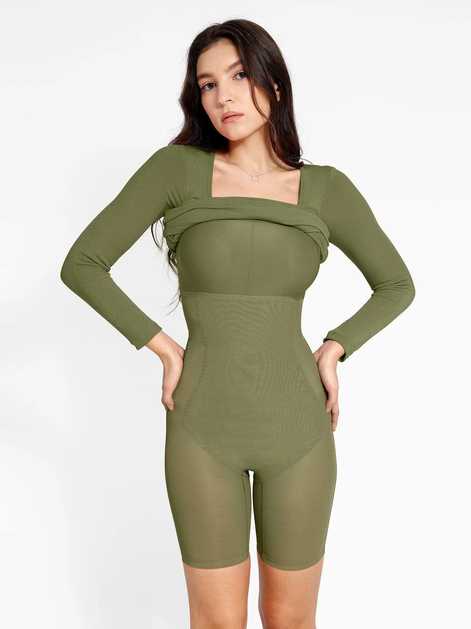 Shapewear Long Sleeve Square Neck Slimming Midi Dress