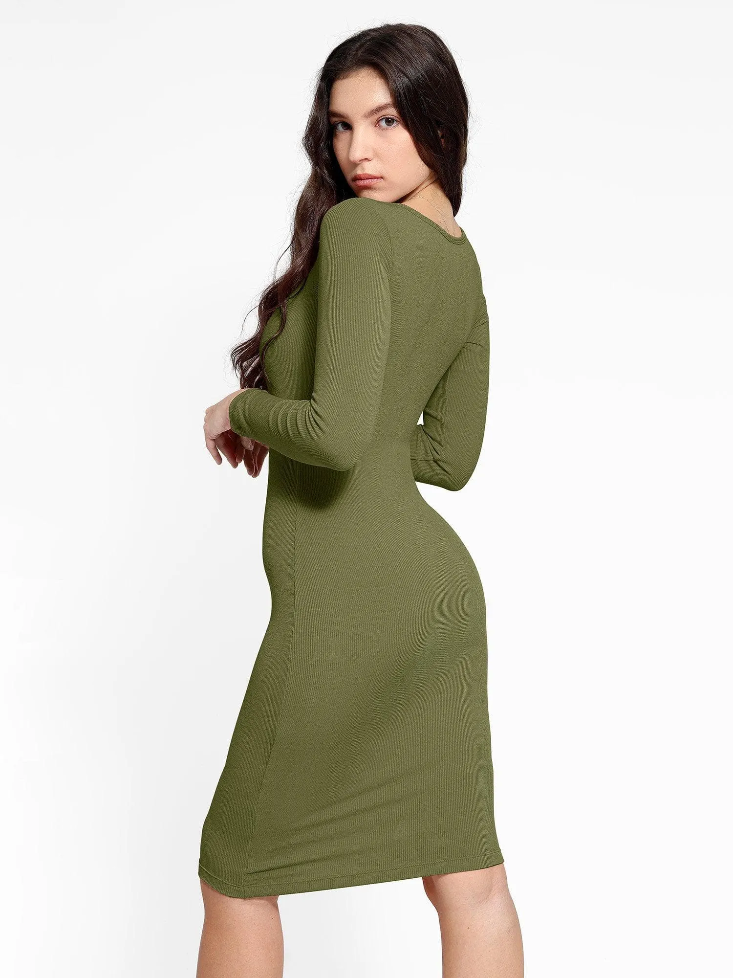 Shapewear Long Sleeve Square Neck Slimming Midi Dress