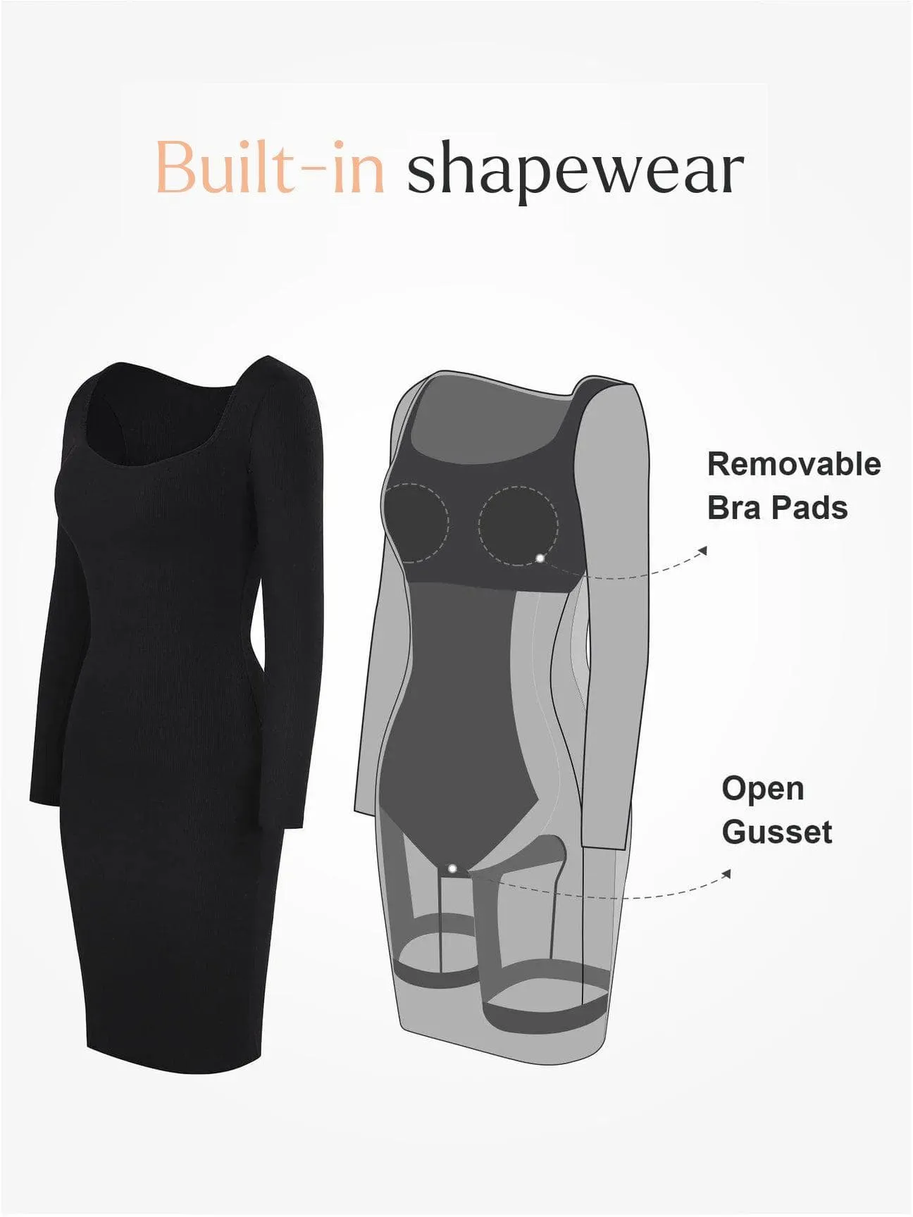 Shapewear Long Sleeve Square Neck Slimming Midi Dress