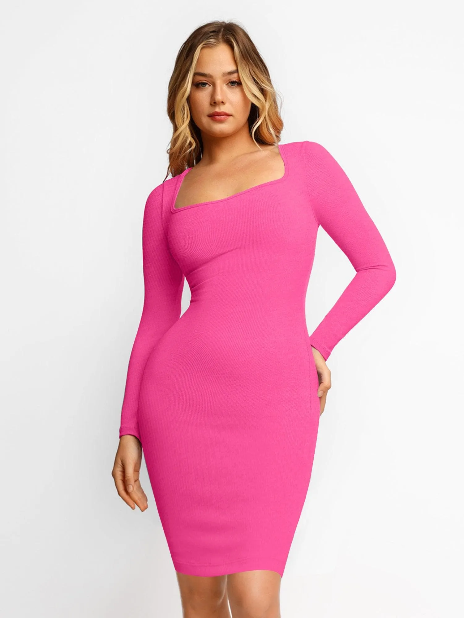 Shapewear Long Sleeve Square Neck Slimming Midi Dress