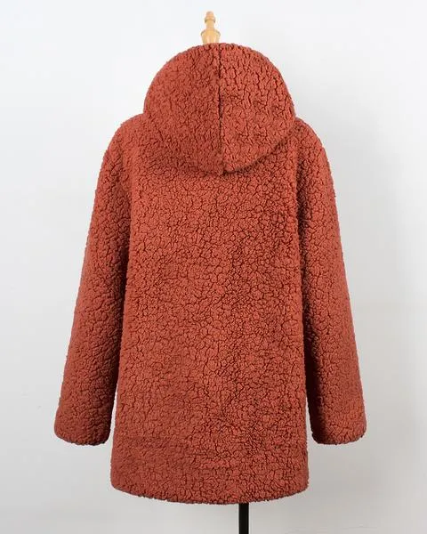 Solid Color Open Women Oversized Hooded Long Teddy Coat