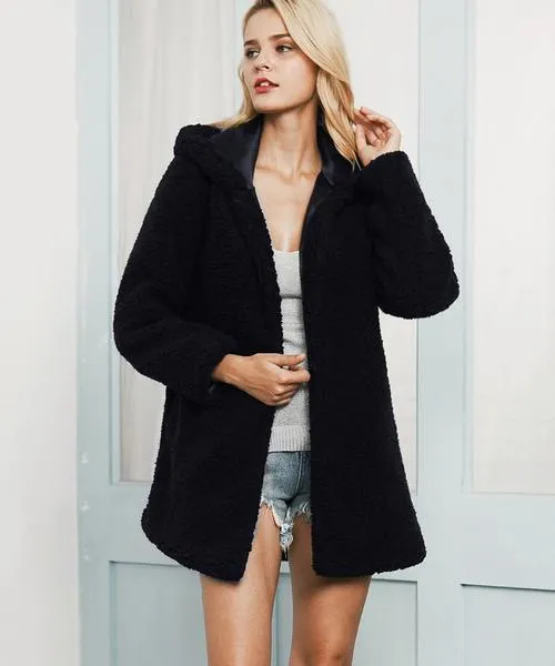 Solid Color Open Women Oversized Hooded Long Teddy Coat