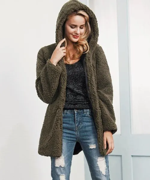 Solid Color Open Women Oversized Hooded Long Teddy Coat