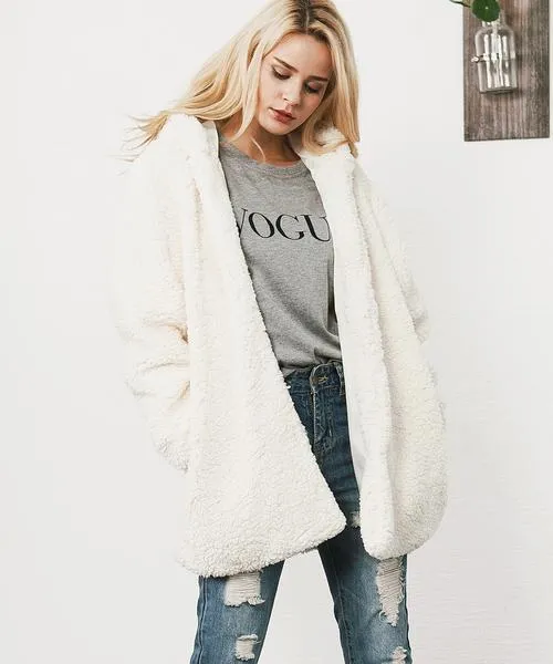 Solid Color Open Women Oversized Hooded Long Teddy Coat