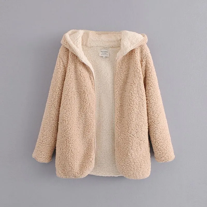 SolId Color Two Side Wearable Women Hooded Oversized Teddy Coat
