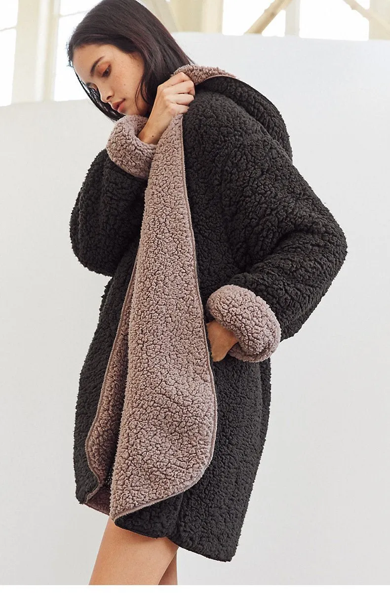SolId Color Two Side Wearable Women Hooded Oversized Teddy Coat