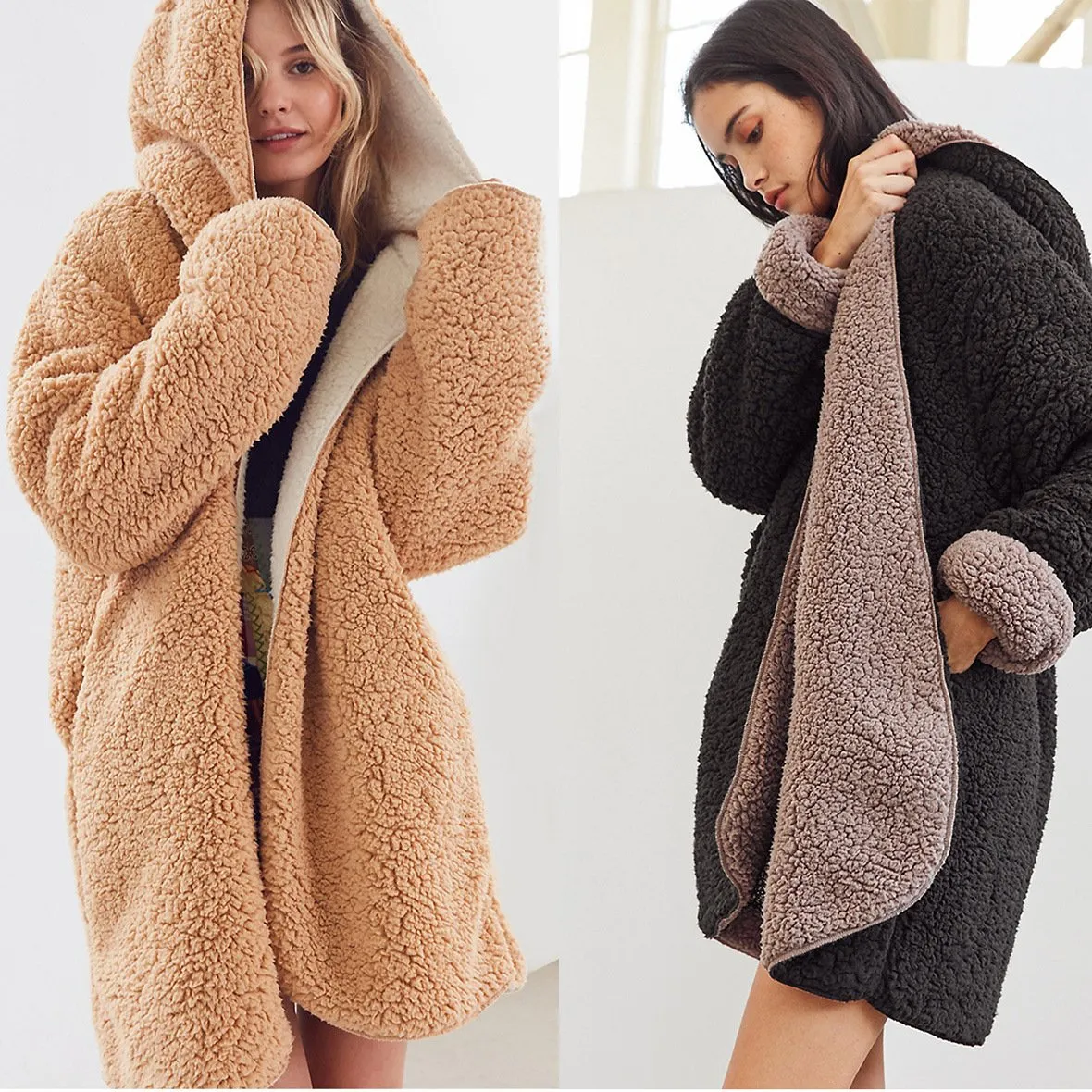 SolId Color Two Side Wearable Women Hooded Oversized Teddy Coat