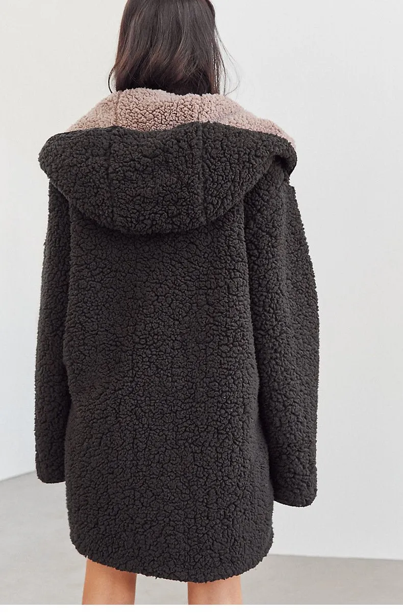 SolId Color Two Side Wearable Women Hooded Oversized Teddy Coat