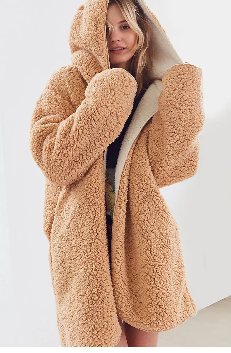 SolId Color Two Side Wearable Women Hooded Oversized Teddy Coat