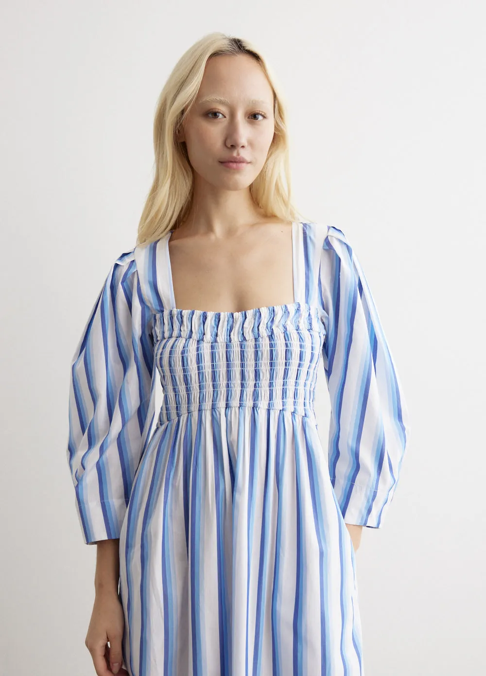 Stripe Open-Neck Smock Long Dress