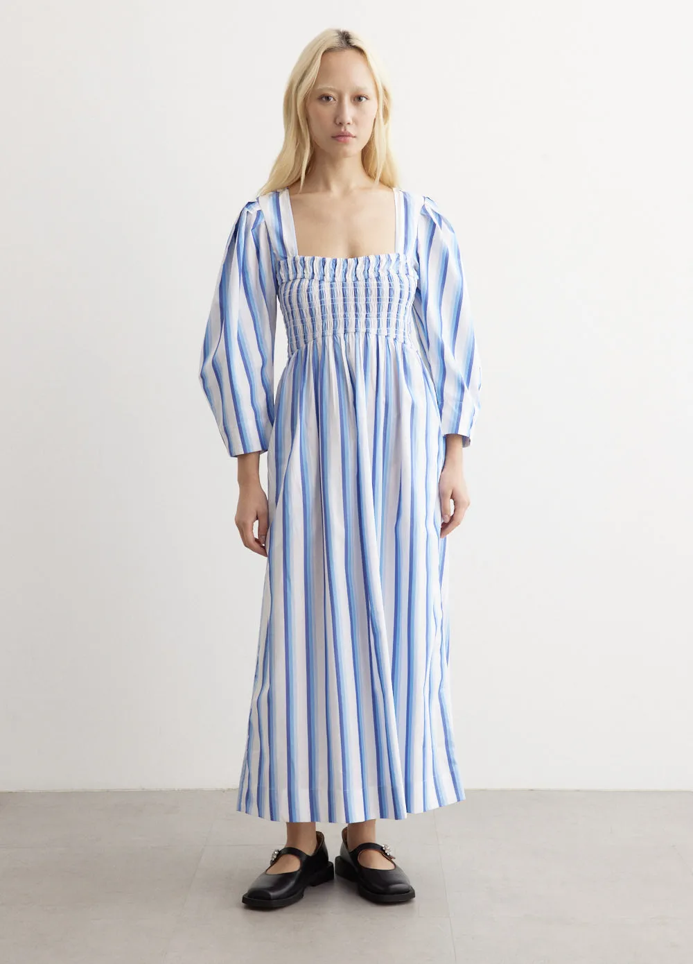 Stripe Open-Neck Smock Long Dress