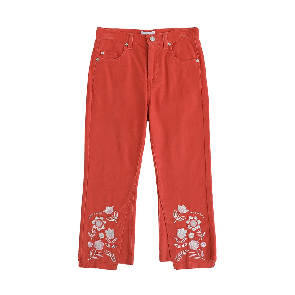 Vauva FW23 - Girls Embroidered Flared Pants (Red)