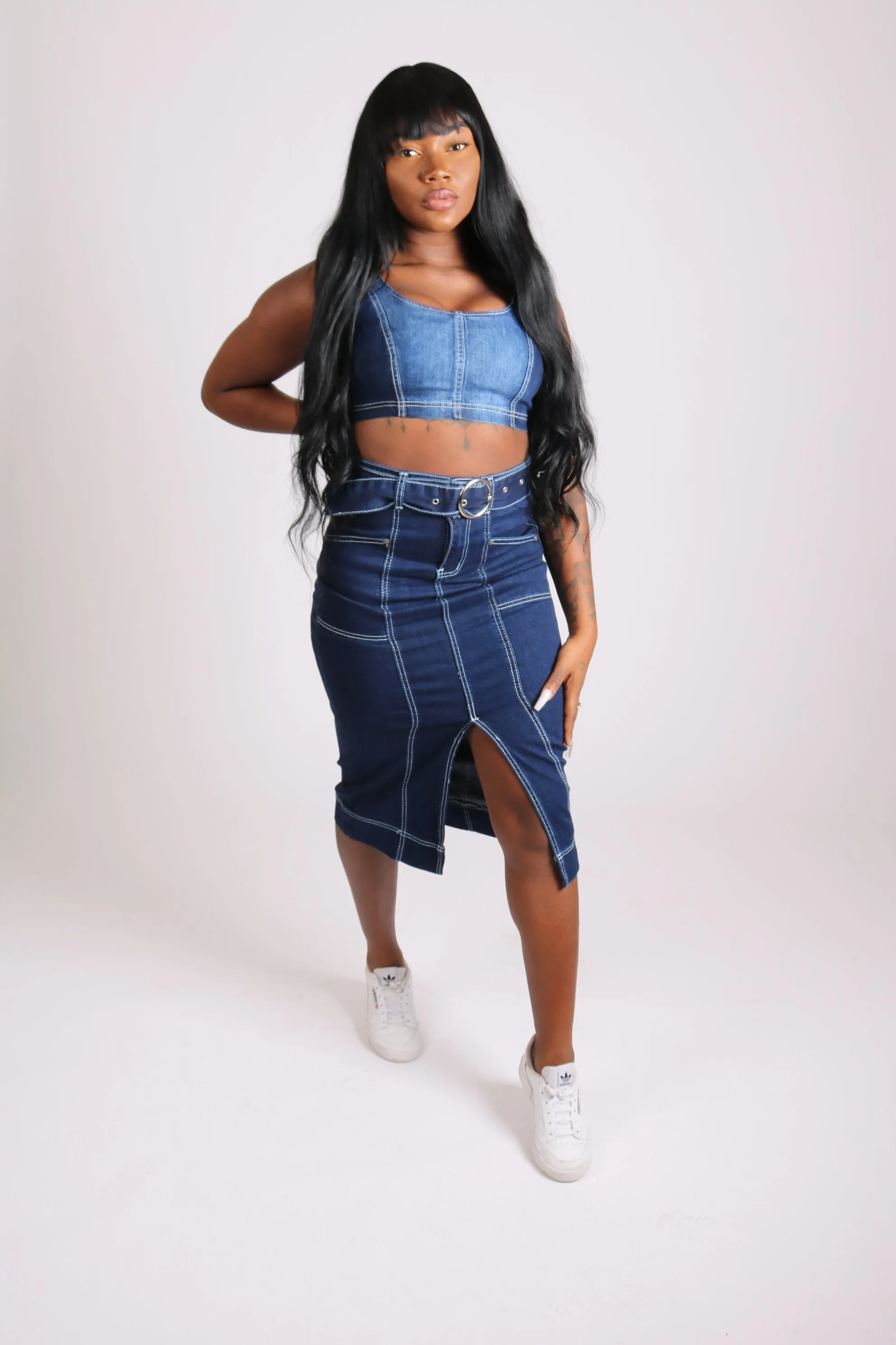 Vice Versa Stretch Midi Skirt With Contrast Stitch