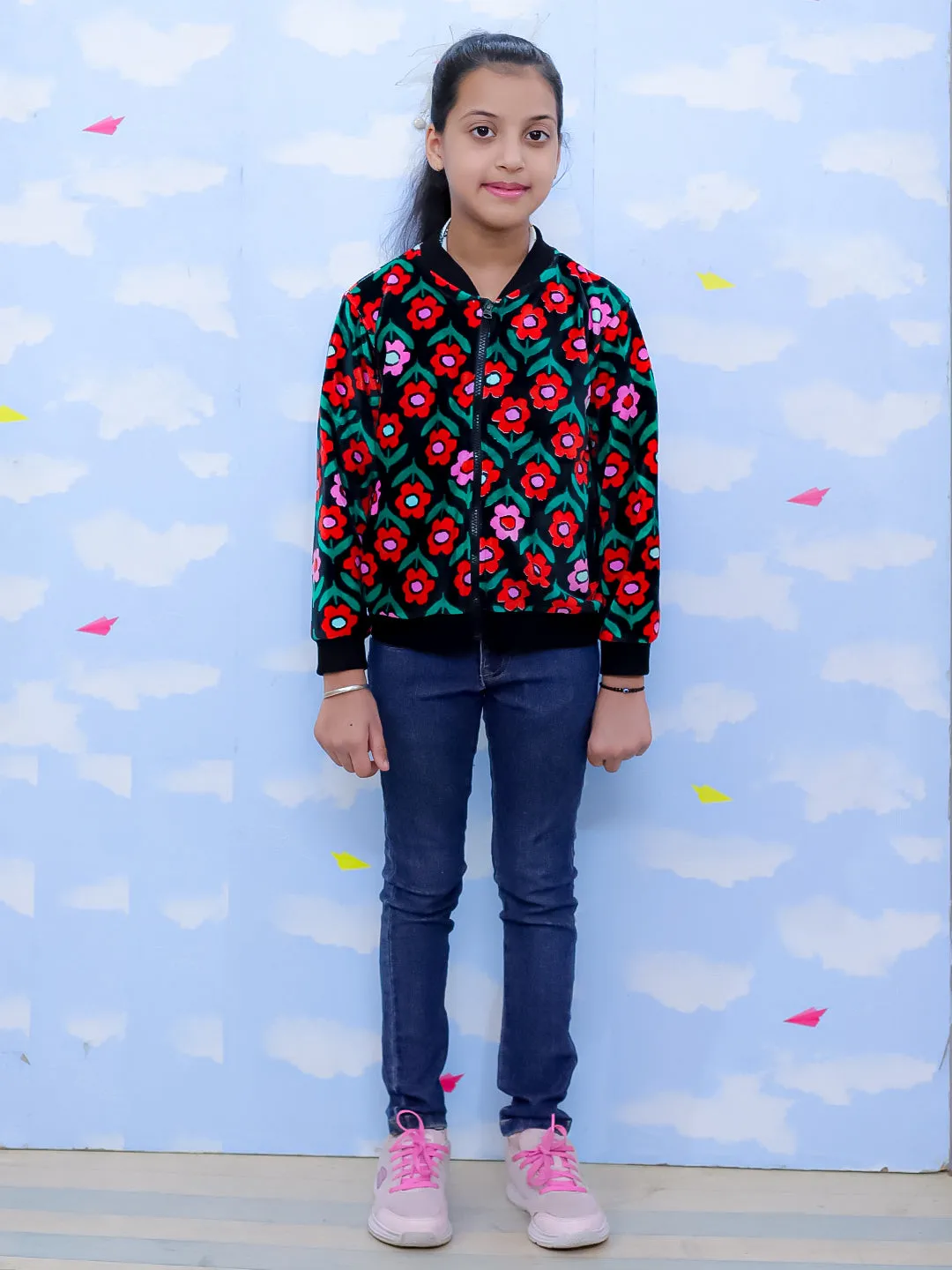 Vivid Floral Girls Velvet Bomber Jacket