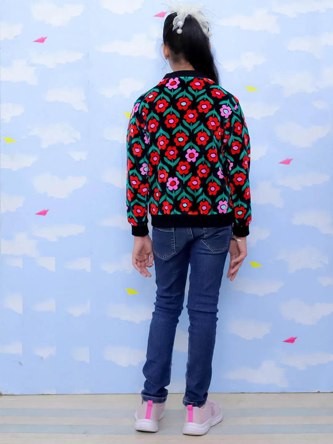 Vivid Floral Girls Velvet Bomber Jacket