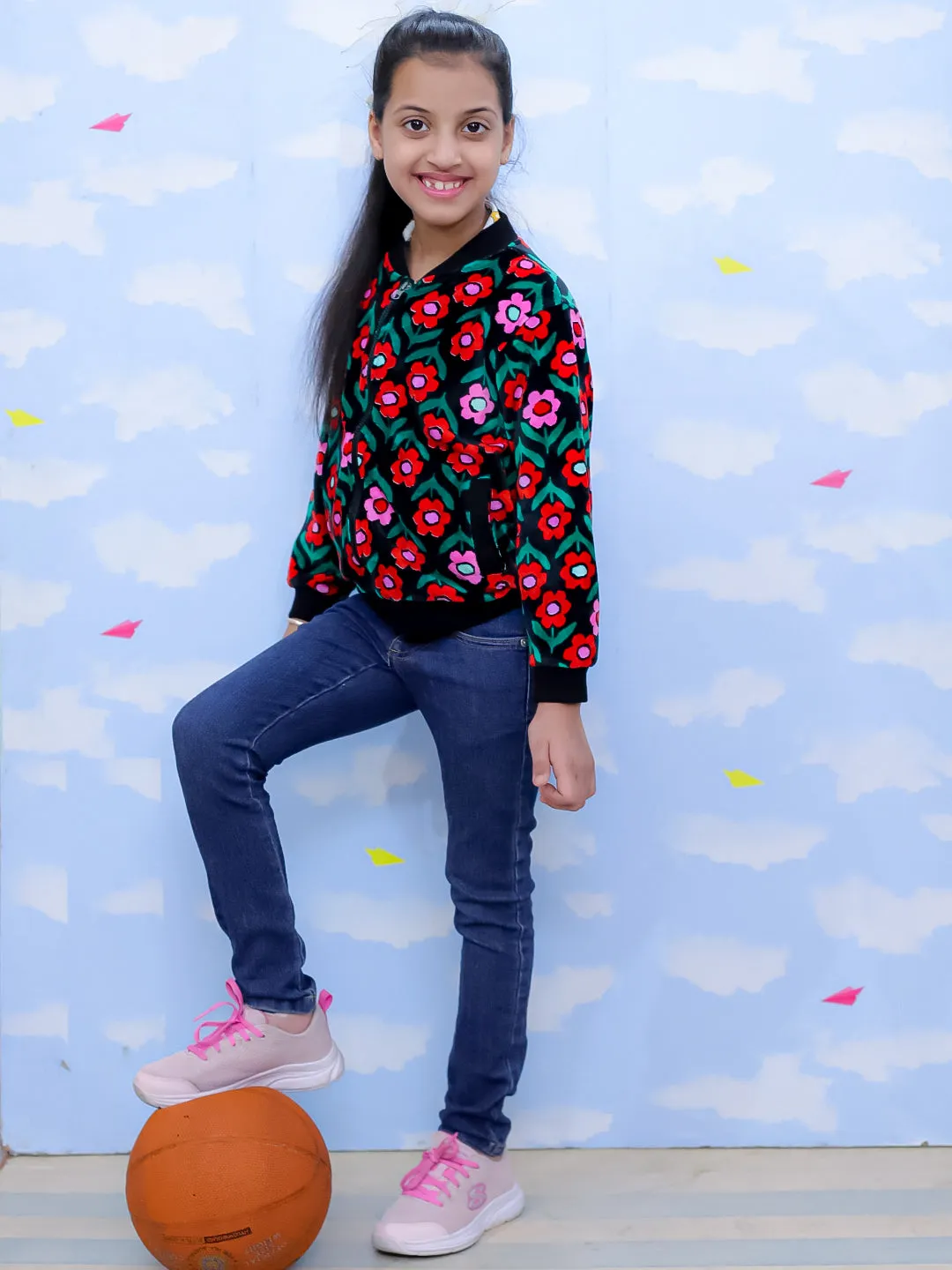 Vivid Floral Girls Velvet Bomber Jacket