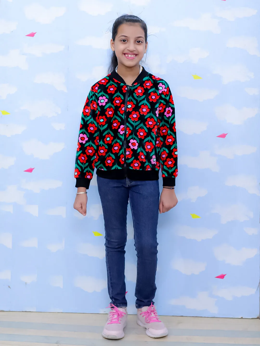 Vivid Floral Girls Velvet Bomber Jacket