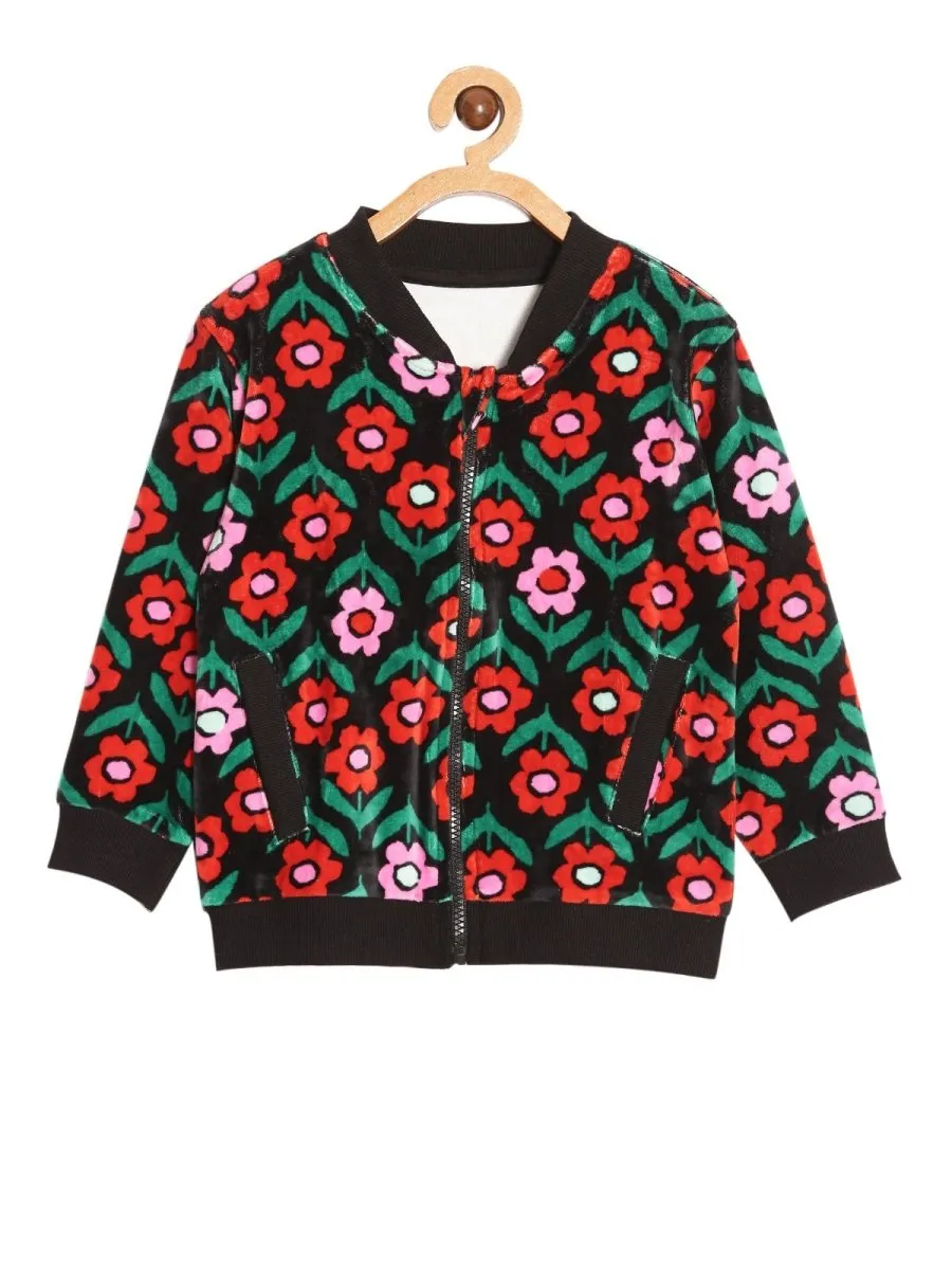 Vivid Floral Girls Velvet Bomber Jacket