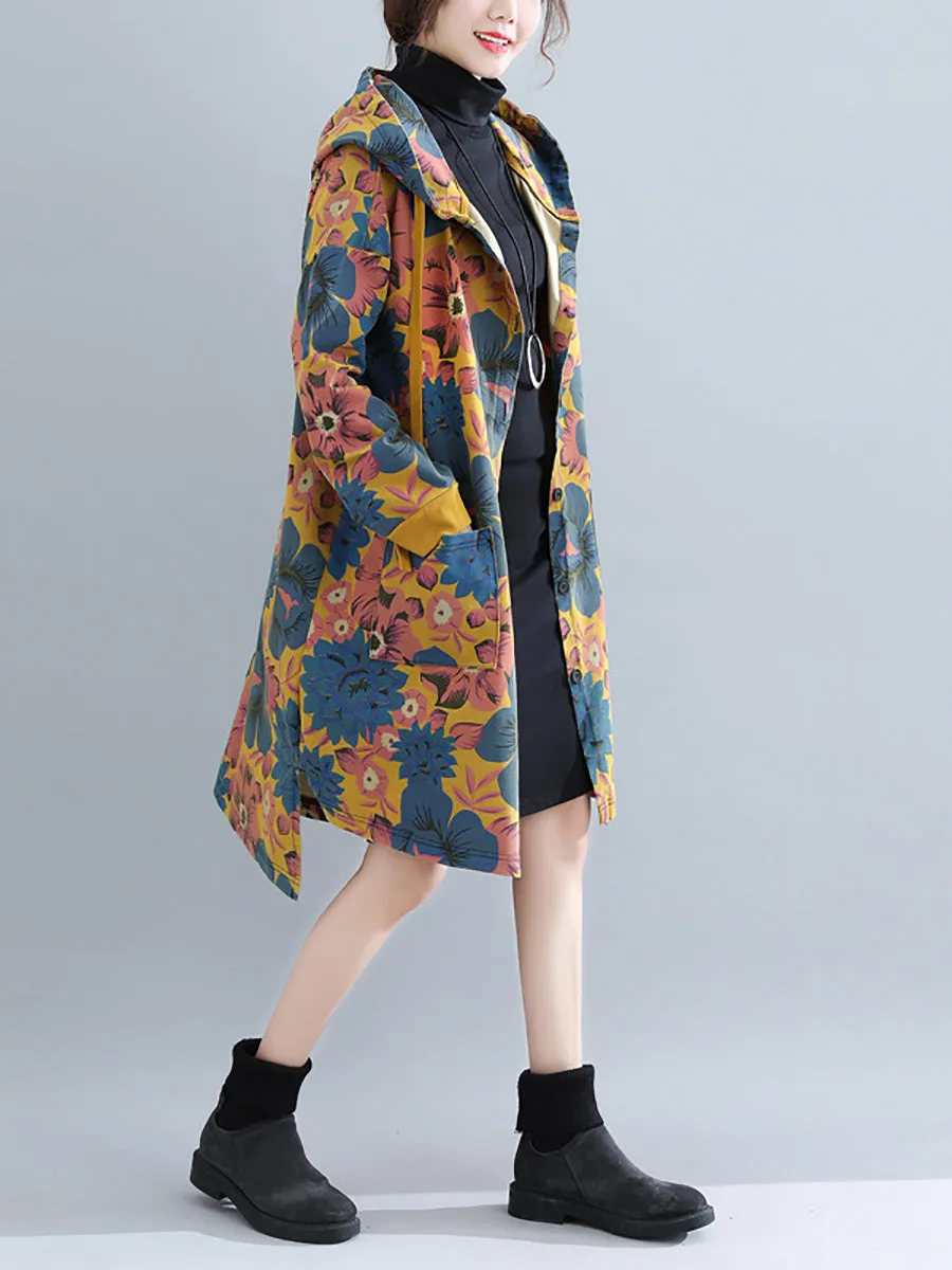 Women Casual Flower Spring Hooded Cotton Coat