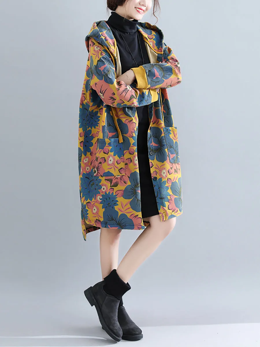 Women Casual Flower Spring Hooded Cotton Coat
