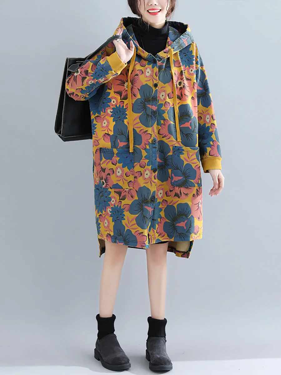 Women Casual Flower Spring Hooded Cotton Coat