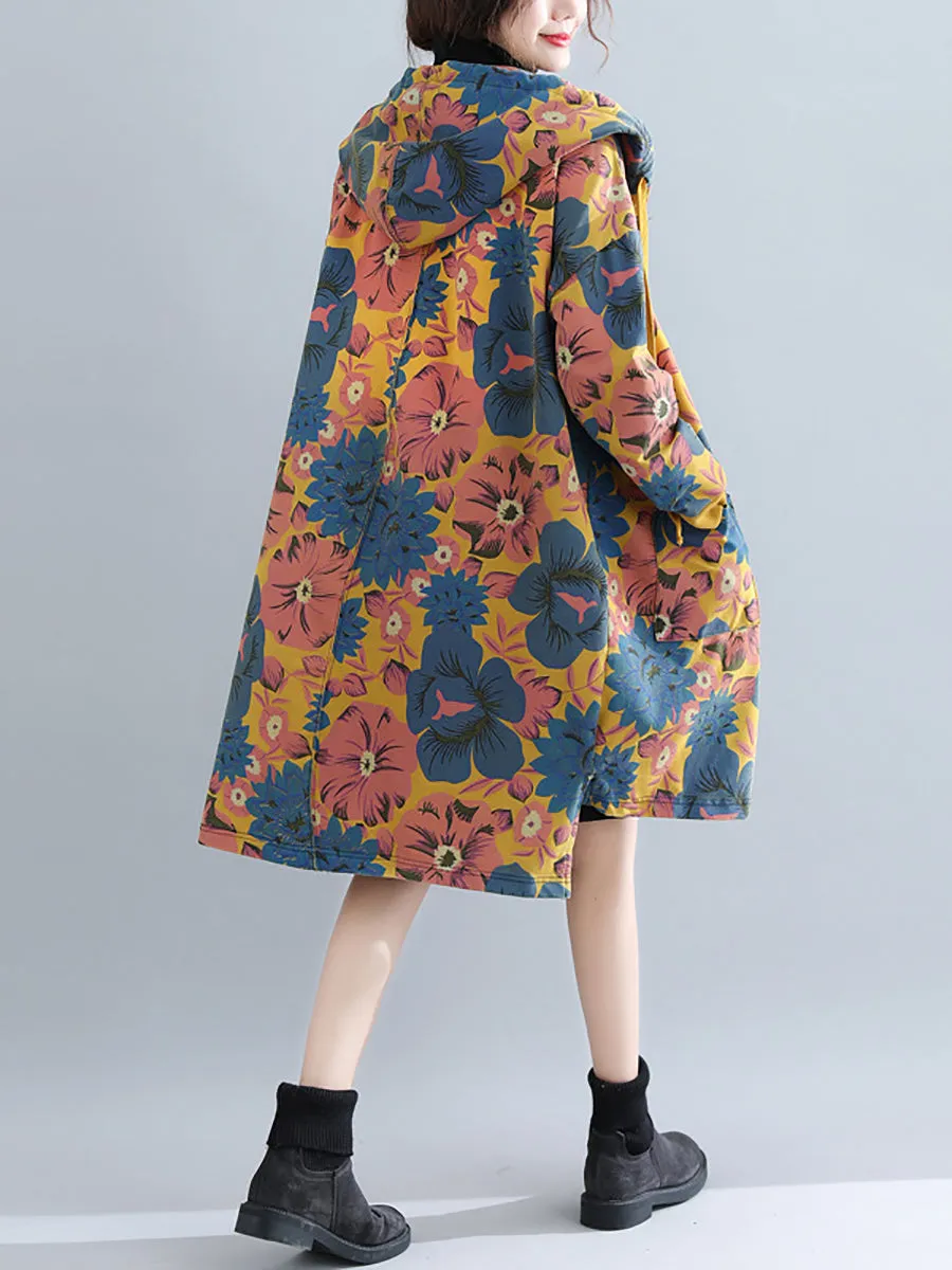 Women Casual Flower Spring Hooded Cotton Coat