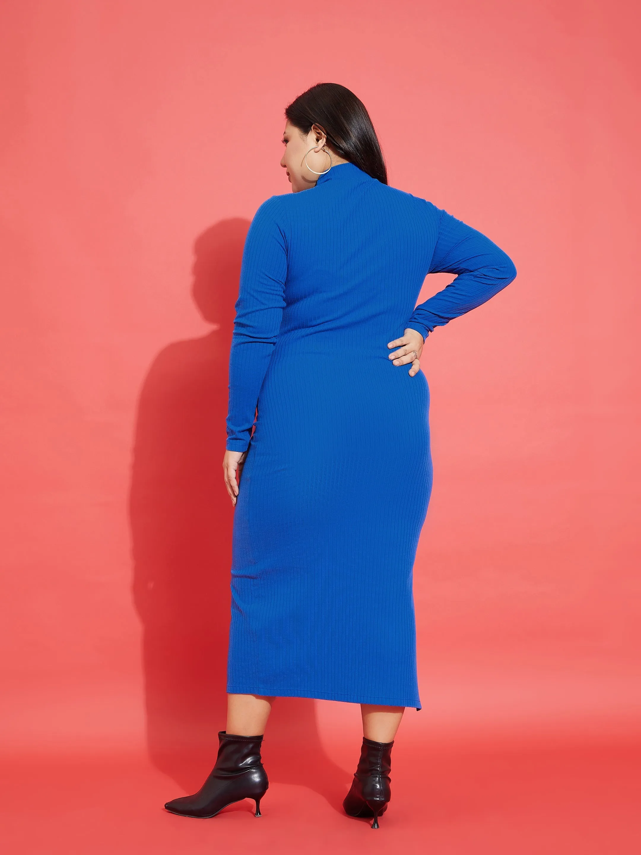 Women Royal Blue Rib Side Slit Bodycon Midi Dress